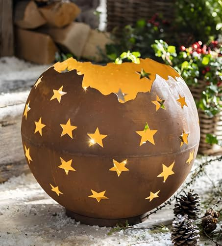 Dekoleidenschaft Windlicht Sternenhimmel aus Metall mit Echtrost, Ø 40 cm, Windlichtkugel für Draußen, Outdoor Kerzenhalter