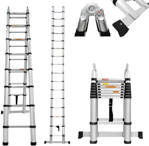 Telescopic Aluminium Folding Ladder,Roof Ladder Loft Ladder with Safety Buttons,Retractable Ladder Wall Ladder with Safety Balance Support Rod&Max Load 330lbs for Domestic,Construction(2.5M)