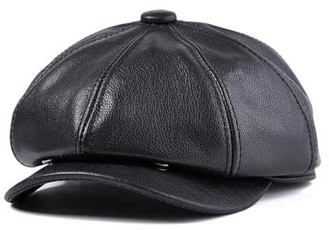Echte Kuh Leder Hüte Newsboy Caps Männer Schwarz Echtes Leder Zeitung Kappe Gatsby Männlich Vintage Winter Achteckige Hüte(XL (57-58 cm))