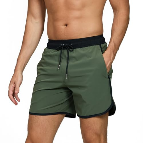 TMEOG Bañador Hombre Short de Playa Surf Secado Rapido Pantalones Cortos Cordon Bañadores Piscina Natacion Retro Traje de Baño con Bolsillo y Forro de Malla Swimming Shorts(Verde,M)