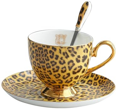 Tasse à café créative et personnalisée en porcelaine anglaise avec imprimé léopard - Service à thé en céramique - 1 tasse, 1 plat, 1 cuillère
