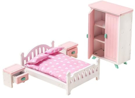 WANGCL 7 Pezzi Mobili per casa delle bambole Mobili per camera da letto Set per camera da letto Letto matrimoniale e accessori per biancheria da letto Mobili per bambole in legno massello