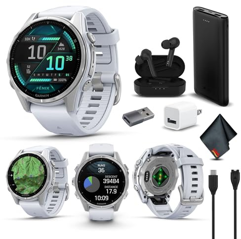 Garmin Fenix 8 - Smartwatch AMOLED Sapphire Premium Multisport GPS argento con cinturino in silicone Whitestone, torcia a LED integrata, set di smart watch fitness e salute per uomini e donne