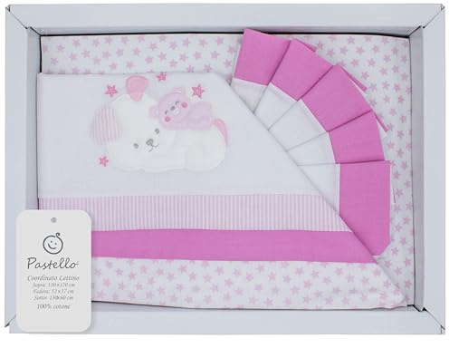 PASTELLO - 3-teiliges Bettwäsche-Set für Babybett, 100% Baumwolle für Neugeborene, komplette Bettwäsche mit Stickerei (Art. LL7F, Rosa)