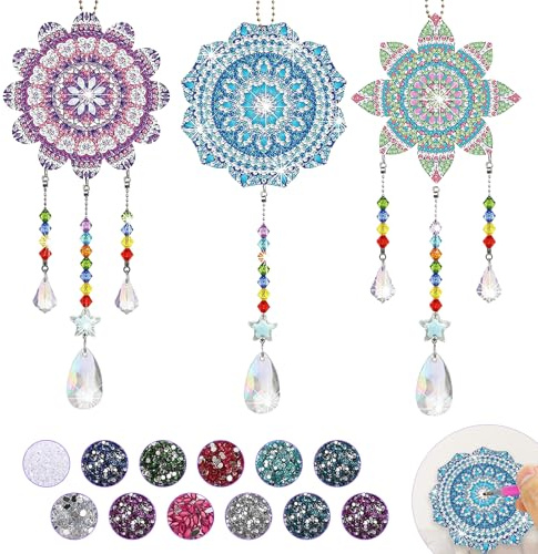 Kits de Atrapasueños de Pintura de Diamantes Campanas de Viento de Pintura con Diamantes Doble Cara Mandala Pintura de Diamantes Colgantes Adornos para niños Regalos creativos DIY