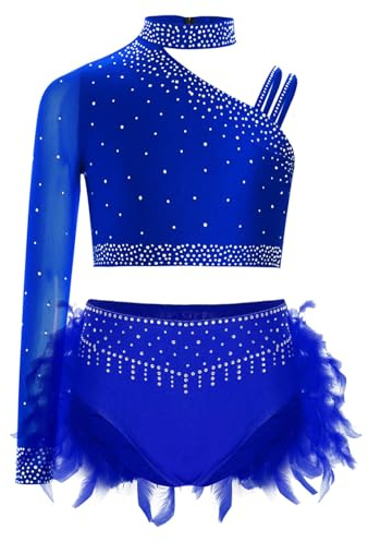 Freebily Ensembles Tenue Danse Latin Jazz Enfant Fille Costume Patinage Artistique Strass Plumes Justaucorps Gymnastique Performance Bleu 9-10 ans