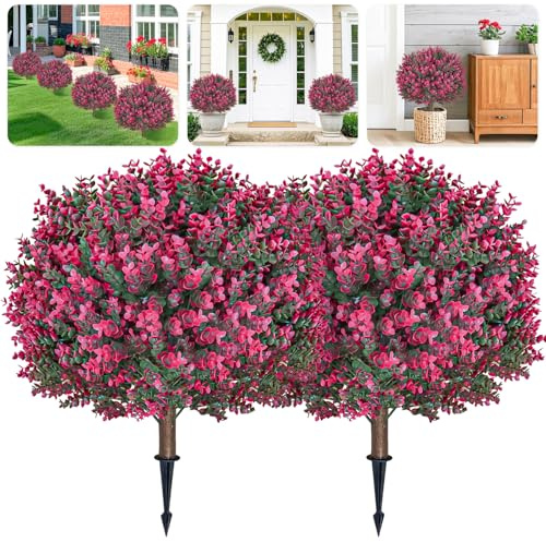 Artificial Boxwood Topiary Ball with Flower Set of 2 25.5 Inch Hot Pink UV Resistant Artificial Shrub Bushes with Ground Spike Fake Evergreen Tree Artificial Plants for Indoor Outdoor Planters