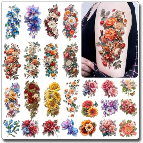 CHARLENT 3D Flower Sleeve Temporary Tattoos for Women
