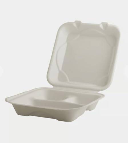 Disposable 3-Compartment Clamshell Containers – 9x9 Inch Sugarcane Bagasse, Eco-Friendly & Biodegradable Takeout Food Boxes, Heavy-Duty for Restaurant or Meal Prep (50)