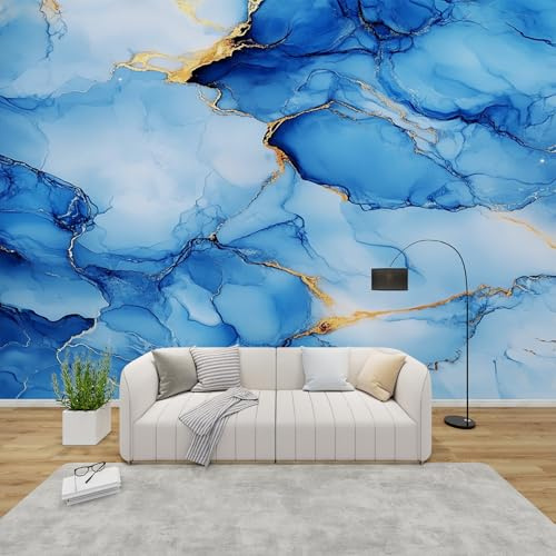 QEODAH Marble Wallpaper for Living Room, Blue and Gold Modern Wall Art for Bedroom, Contemporary Wall Murals for Bedrooms, Renter Friendly Removable Waterproof Non-Woven Photo Wallpaper 3D, 100x70 cm