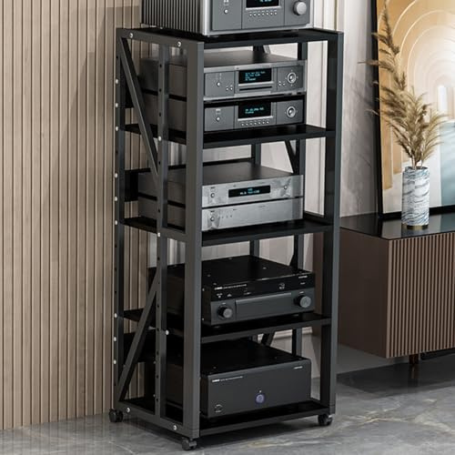 Metal Media stereo stand with wheels, audio hifi rack cabinet with Adjustable MDF Shelves, Game Console Shelf, for Living, Gaming, Recording Room(Black,5Tier)