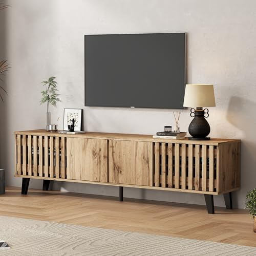 Merax TV Schrank 180cm, Fernsehtisch, Lowboard mit 4 Schränken für 70-Zoll-Fernseher, Durchbrochene Schranktüren, TV Kommode, HiFi-Schrank für Wohnzimmer/Schlafzimmer, Landhausstil, Original Holzfarbe