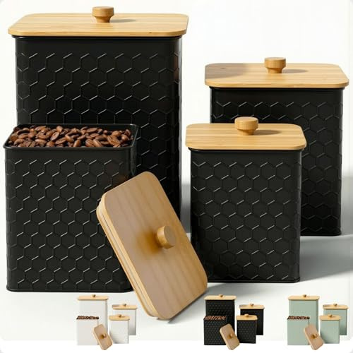 Kitchen Canisters for Countertop Set of 4 - Textured Iron Kitchen Canisters with Airtight Lids - Flour Sugar Canister Set - Flour and Sugar Containers Farmhouse - Coffee Jar for Counter - Black Jar x4