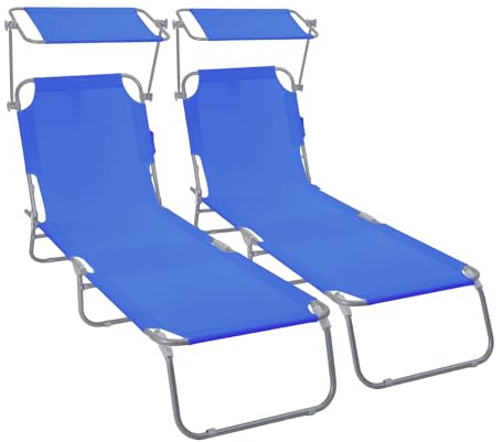 VOUNOT® Set di 2 Lettini Prendisole Pieghevole con Parasole, Sdraio da Spiaggia in Tessuto Poliestere Schienale Regolabile 4 Posizioni, Portata 120kg, per Giardino, Terrazza e Piscina, Blu