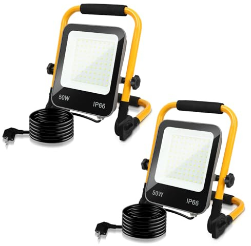 Monucep LED Baustrahler, 2x50W 5000LM LED Arbeitsleuchte, IP66 Wasserdicht Baustrahler mit 3M Kabel und Faltbarer Ständer, Tragbar Arbeitsscheinwerfer baulampe für Baustelle, Garage, 6000K