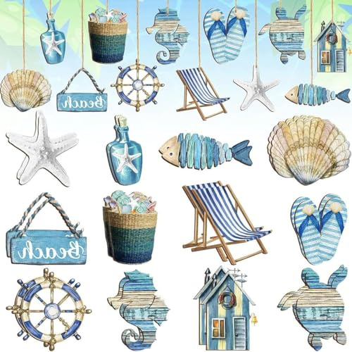 24 Stück Ozean-Strand-Holzornamente, Holzdekorationen Für Maritime Deko Hawaii Party Deko Fischernetz Deko Natürliche Holz-Hängedeko für Mini-Fischernetz, Wanddekorationen fischernetz (Ozean)
