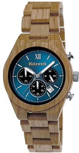 Holzwerk Germany Handgefertigte Designer Herren Öko Natur Holz Uhr Chronograph Armband Analog Quarz Zebra Braun Blau Datum Holz