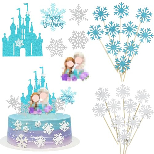 VYZUTR Eiskönigyn Schwestern Tortendeko, 26 Stück Schneeflocken deko mit Schloss Schneeflocke, Kuchen Topper Glitter, Geburtstag Tortendeko Mädchen, Cake Topper, Weihnachten Kuchendeko