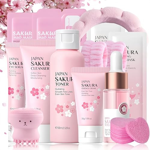 Sakura Skincare Set Teenager Mädchen Geschenke - Skin Care Set 13PCS - Beauty Set Frauen & Mädchen - Anti-Aging & Nährend Gesichtspflege Set - Pflegeset Damen Geschenkset - Mit Toner,Serum,Creme,Maske