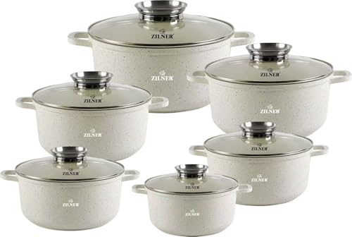 ZILNER Topfset 12-teilig, Marmor- & Keramikbeschichtung, Glasdeckel, Grau | Kochtopf-Set für alle Herdarten inkl. Induktion, gegossenes Aluminium, gleichmäßige Wärmeverteilung, antihaftbeschichtet