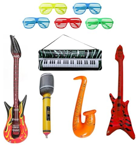 10 PCS Inflatable Instruments Party Set, Flame Guitar with Microphone Saxophone Bass Keyboard and 5 Glasses in Random Colours, Musical Party Props for Events and Gatherings