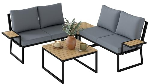 Outsunny Gartenmöbel Set L-Form Metall Sitzgruppe für 4 Personen Gartenlounge mit 2er Sofa Kissen 2 stapelbar Beistelltisch Outdoor Balkonmöbel-Set Terrassenmöbel für Garten Balkon Teak