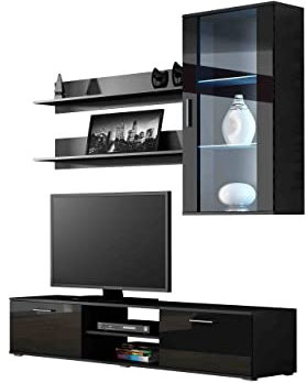 Wohnwand Soho V, Hängevitrine, TV-Schrank, Wandregal, Fernsehwand, Anbauwand, Schrankwand, Mediawand, Farbauswahl, Wohnzimmerschrank (mit RGB LED Beleuchtung, Schwarz/Schwarz Hochglanz)