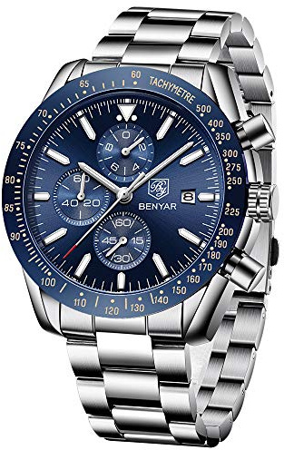 BY BENYAR Orologio da uomo, casual, elegante, impermeabile, sportivo, cronografo, analogico, al quarzo, per uomo, calendario, cinturino in caucciù, S Silver Blue, standard, Bracciale