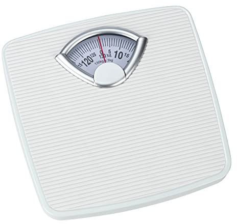 WENKO Personenwaage mechanisch, präzise, analoge Körperwaage mit großer Skala und Rutschfester Trittfläche, Messbereich bis 130kg in 1kg Schritten, Gehäuse aus Metall in Weiß, 27 x 4,5 x 26,5 cm