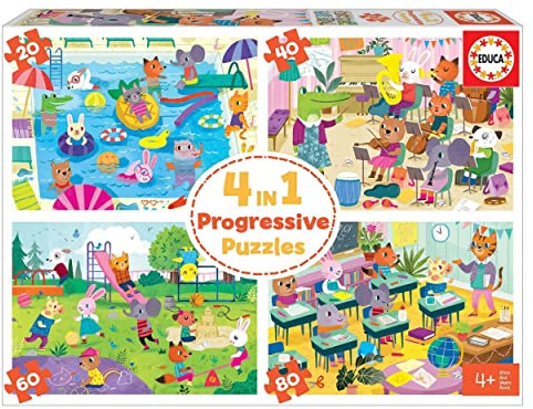 Educa - Schultag, 4in1 Kinderpuzzle mit 20, 40, 60 und 80 Teilen, ab 4 Jahren, progressives Puzzle (18904)