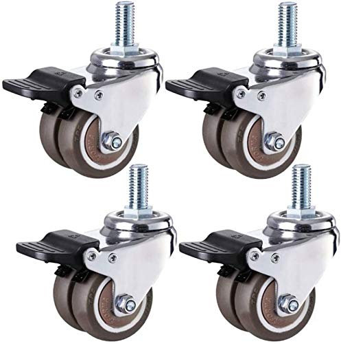 SBTXHJWCGLD 4 Stück Möbelrollen Lenkrollen, M12 x 25 mm Industrierollen mit Gewindeschaft, Robustes Gummi-Lenkrad, Doppelrolle, Ersatzrollen für Möbel (Color : Brake, Size : 50mm/2in)