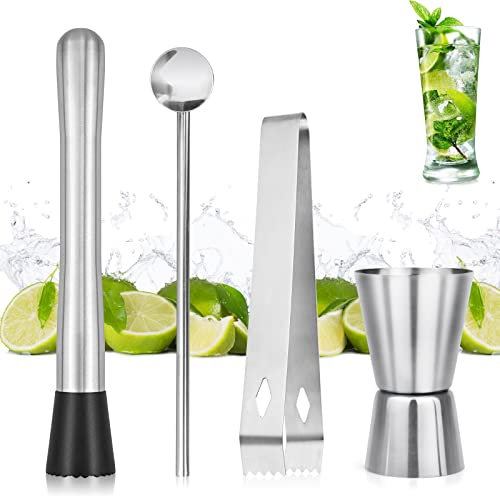 Juego de 4 Herramientas para Barman, Cocktail Muddler Set Muddler Mojito Cocktail Muddler Mojis Set Cuchara mezcladora con Muddler Ice Clip Taza medidora