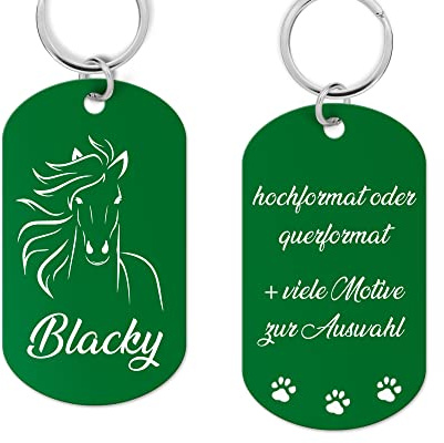 Aluminium Hundemarke Schild mit Gravur - personalisiert hochwertiger Lasergravur, Adressanhänger Hund für Hunde oder Katzen (grün), PIU-HM-SCH-01, 49x29x1 mm