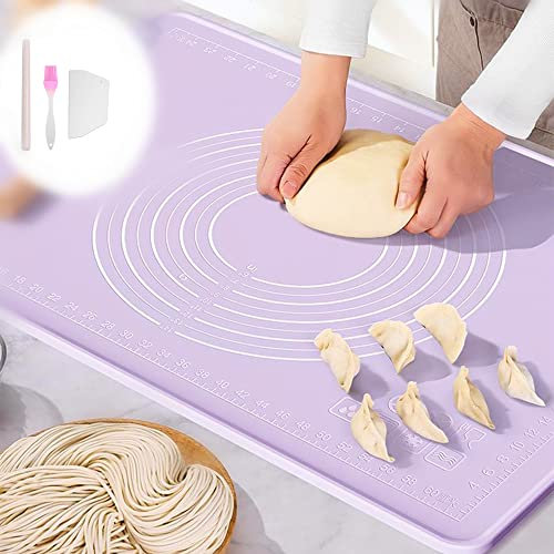zhibang Tappetino in Silicone per impastare,Tappetino Antiaderente per Pasticceria,con Scala Graduata - Non scivola, Spatola, mattarello e Pennello per Il Grasso in Omaggio (60 x 80 m,Purple)