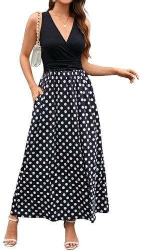 OUGES Women's Summer Spring Maxi Dress V Neck Short/Long Sleeve Ladies Casual Long Wrap Dress with Pockets