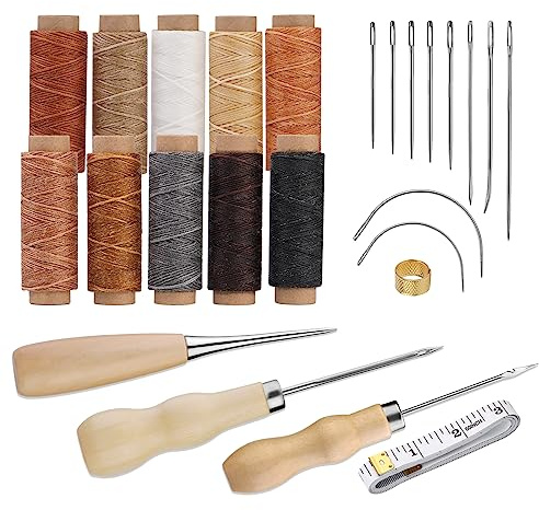 Kit de costura de cuero, reparación de tapicería, kit de herramientas de costura de cuero con hilo encerado de 10 colores, punzón de costura