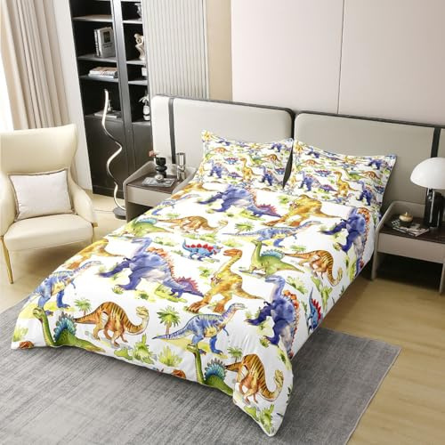 100% Natural Cotton Cartoon Dinosaur Duvet Cover, Antique Dino Bed Linen Set, 135 x 200, Cute Jungle Animal Comforter Cover for Girls, Boys, Teens, Kawaii Dino Bed Sets with 1 Pillow Case, Soft