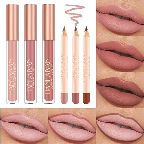 Desing Wish 6 Piezas Pintalabios Permanente Perfilador Labios Rojo Rosa Brillo Barra de Labios Labiales Mate Larga Duracion Labial Delineador Labios Lip Tint Lip Liner Kit Maquillaje Mujer Regalo