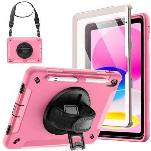 JETech Fodral för iPad (A16) 11:e/10:e Generationen (2025/2022) med Inbyggt Skärmskydd, Stötsäkert Robust Skal Case, 360 Graders Roterande Stativ med Handrem (Rosa)