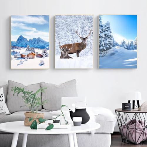 Trayosin 3-teiliges Weihnachts-Poster-Set, Blau Winter Bilder, Modern Elch, Holzhaus, Wald Leinwandbilder Kunstdruck Wandbilder Dekoration für Wohnzimmer Schlafzimmer (21x30cm)