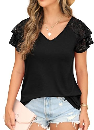 QIXING Women's Summer Tops Short Sleeve Blouses Double Lace Ruffle V Neck Ladies T Shirts Tunic Tops for Women UK(Black,L)