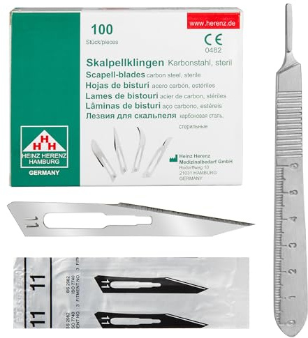Set - 100 Stück sterile Skalpellklingen Figur 11 aus Karbonstahl - Ersatzklingen + 1 x Shehadeh - Skalpell-Halter Figur 3 mit 13 cm Griff inkl. Meßskala in cm - Edelstahl
