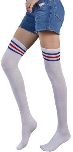 TQPUWT Baumwolle Mädchen Thigh High, 1 Paar Baumwolle Beinwärmer Schenkel Socken, Warme Knee Stockings, Overknee Strümpfe, für Damen und Mädchen, Rote und Blaue Streifen auf Weiß, 52CM