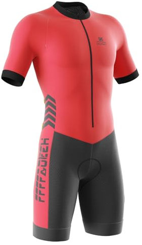 Triathlon Anzug Herren - Einteiliges Radtrikot - Trisuit Einteiler – Triathlonanzug - Triathlon Einteiler Kurz - 3Taschen für Wettkampf Run, Cycle, Swim,Strumpfhosen (Rot,L)
