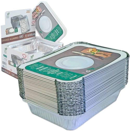 VESCEL – Pack 25 Bandejas Rectangulares de Aluminio de 680 ml con Tapas – Horno, Congelador y Transporte – Caja Expositora Incluida – Reutilizables o Desechables