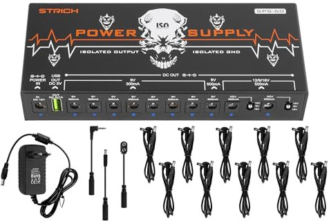 STRICH SPS-60 Netzteil für Gitarrenpedale, 10 vollständig unabhängige DC-Ausgänge, Netzteil für Pedalboard mit 9V/12V/18V (300mA/500mA), Hochleistungsversorgung für Gitarrenpedale, rückwirkungsfrei