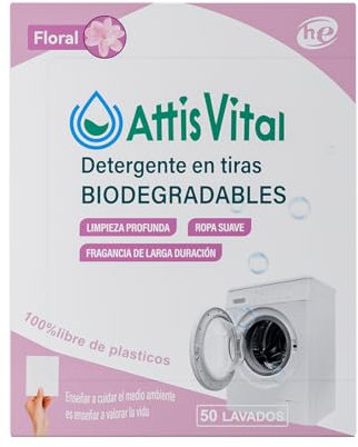 Detergente en Tiras Ecológico AttisVital – 50 Lavados Ultra Concentrados | Sin Plástico, Vegano, Compacto y Hipoalergénico | Para Lavadora y Ropa Delicada (floral)