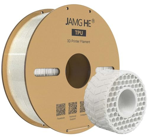 TPU Filament 1.75 mm, JAMG HE Flexible TPU 95A Roll +/- 0.02 mm Accuracy Soft 3D Printer 1KG Filament Spool with Vacuum Packaging for 3D Printer (Transparent, 1KG)