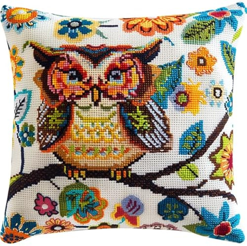 kitphoenix Knüpfkissen Set Eule Latch Hook Kissen Kit für Kinder oder Anfänger Erwachsene zum Selber Knüpfen, DIY Knüpfteppich Knüpfpackung, Knüpfhaken Set 43 x 43 cm