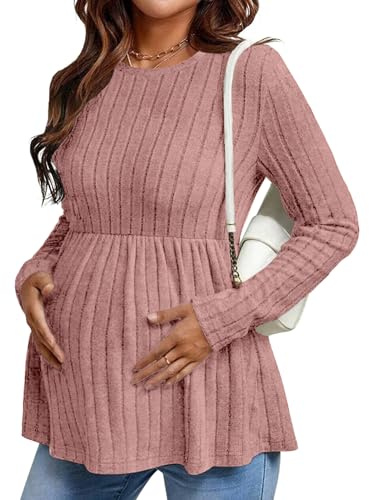 Ekouaer Womens Maternity Tops Long Sleeve Pregnancy Tunic Blouses Crew Neck Ribbed Shirts Pregnant Clothes Blush Pink